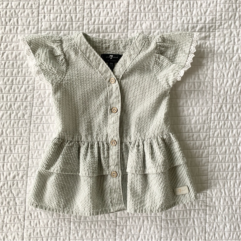 7 For All Mankind Baby Girl Seersucker Peplum Top - White, Green, Lace Size 18M